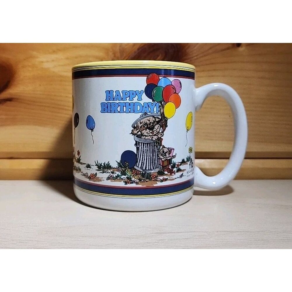 Susan Burger Happy Birthday Rainbow Balloon Dog Cat Coffee Mug 1990 Flowers Inc